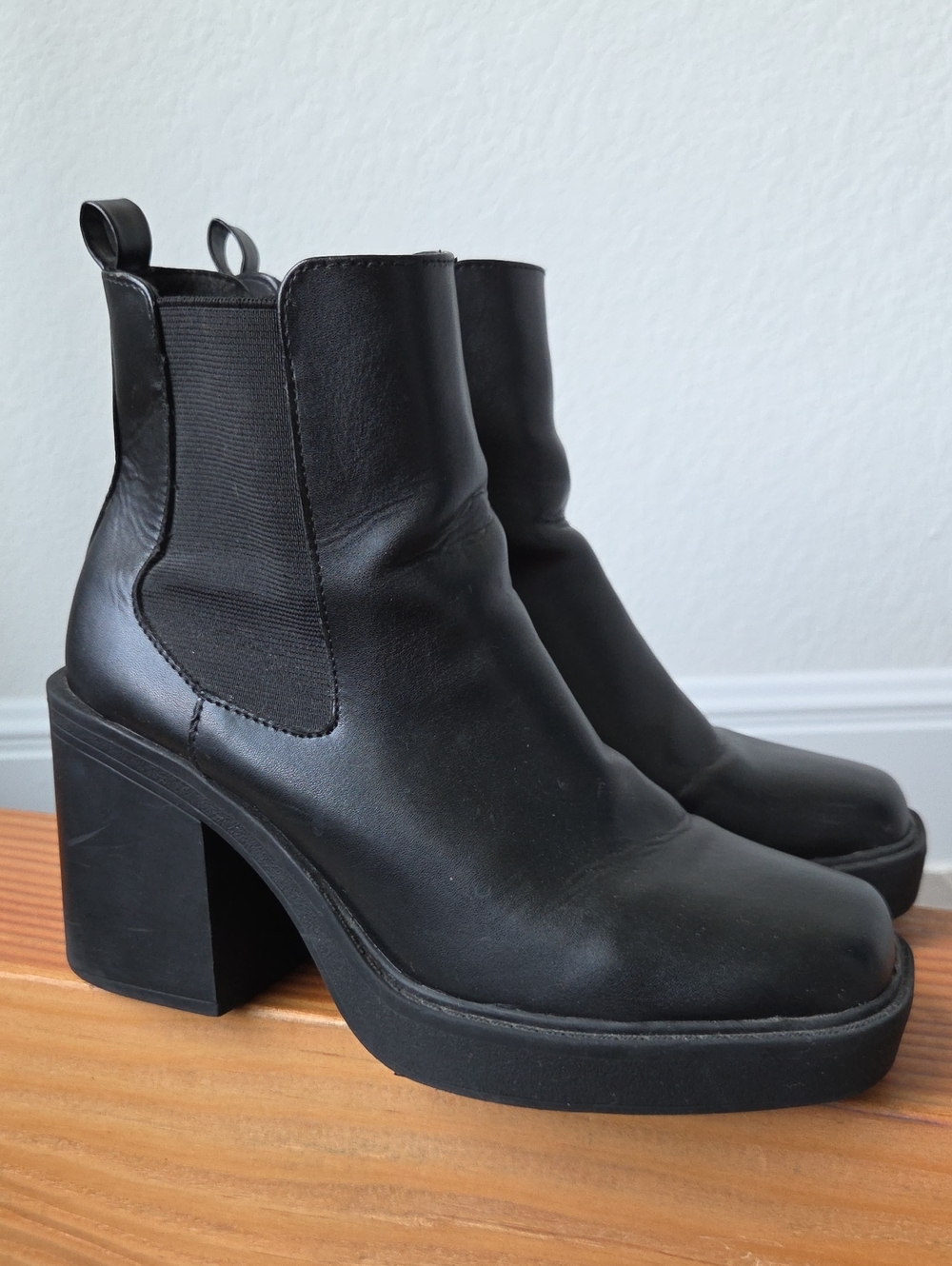 MIA Black Platform Chelsea Ankle Chunky Boots Block Heel Square Toe Leather Goth